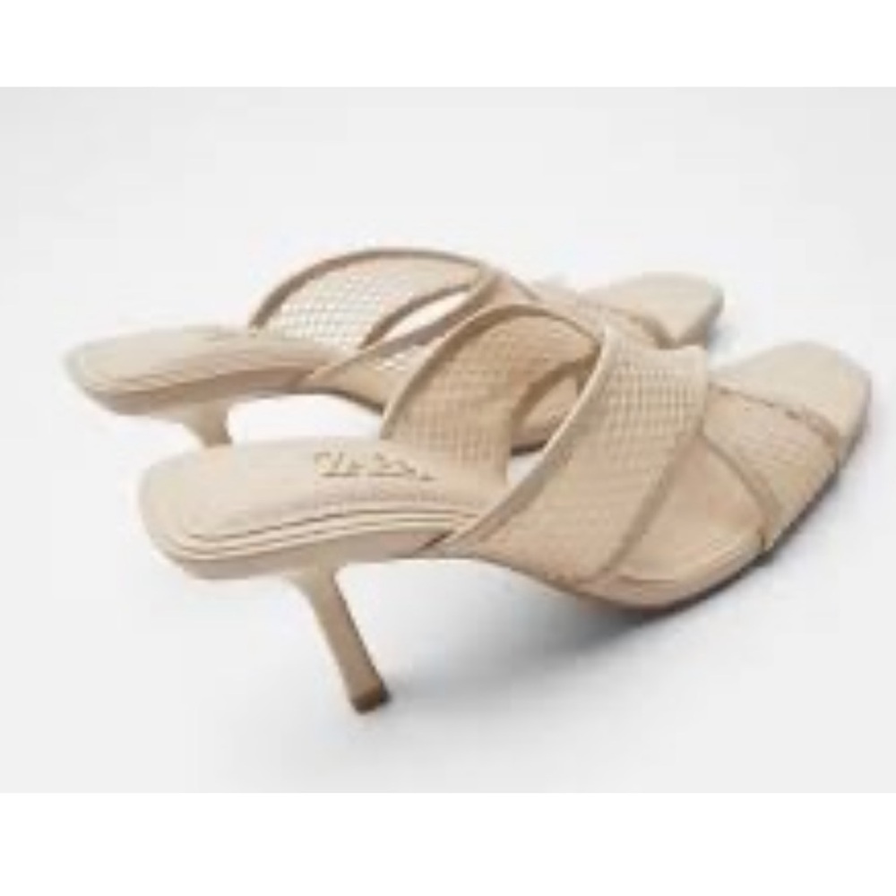 NEW Zara Tan Mesh High Heel Mule Sandals w/ Crisscross Straps 39 US 8.5